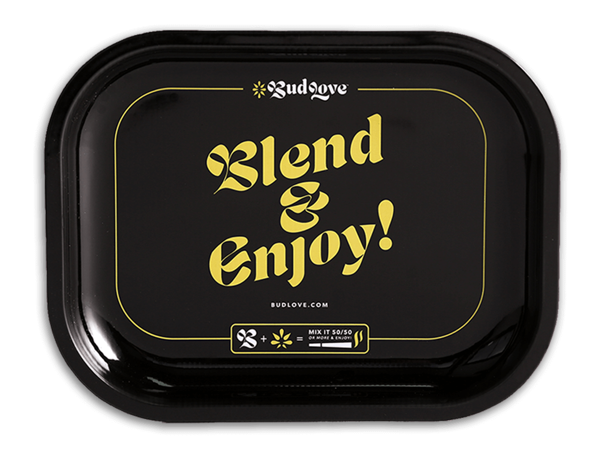 Bud Love Makes Bud Better! 7” x 5.5” tin rolling tray. The right place to let the magic happen. Blend & Enjoy!