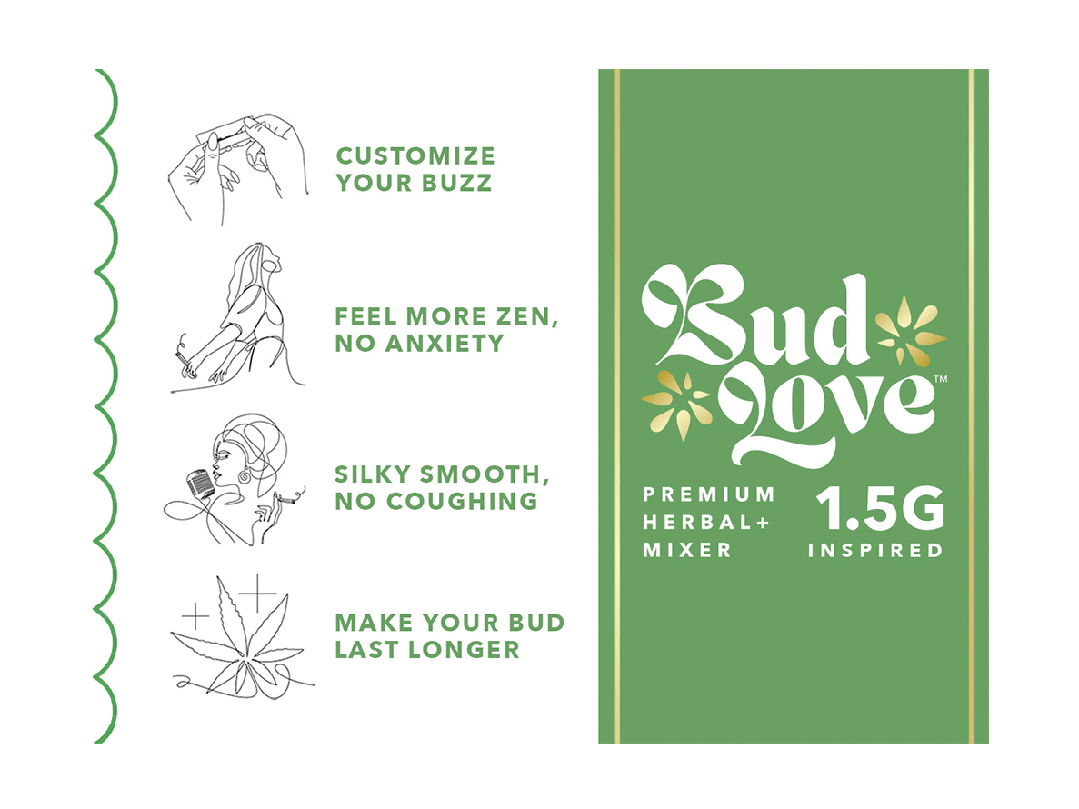 Bud Love Makes Bud Better! 1.5g resealable pouch. Blackberry Bhang flavor – pairs well with hybrid strains. Try some Premium Herbal+ Mixer today and become a Bud Lover!