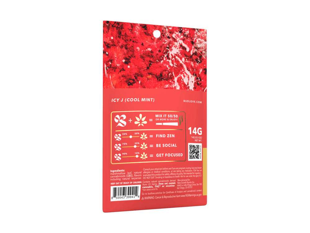 Bud Love Makes Bud Better! 14g resealable pouch. ICY J (Cool Mint) flavor – pairs well with all strains. Try some Premium Herbal+ Mixer today and become a Bud Lover!