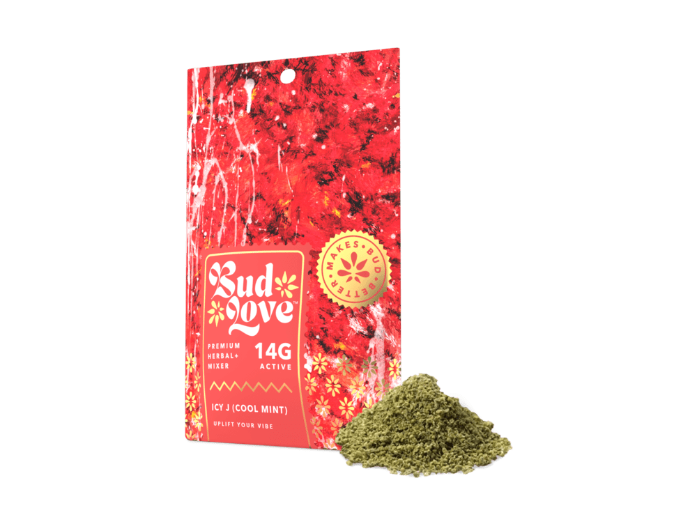 Bud Love Makes Bud Better! 14g resealable pouch. ICY J (Cool Mint) flavor – pairs well with all strains. Try some Premium Herbal+ Mixer today and become a Bud Lover!