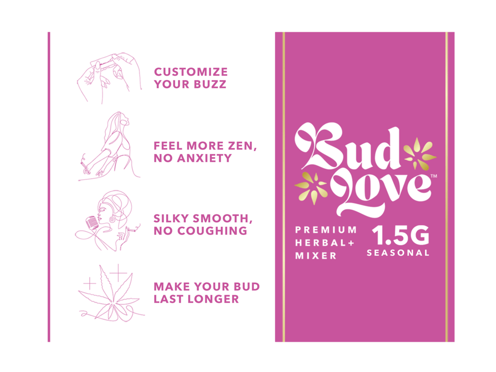 Bud Love Makes Bud Better! 1.5g resealable pouch. Seasonal flavor – pairs well with all strains. Try some Premium Herbal+ Mixer today and become a Bud Lover!