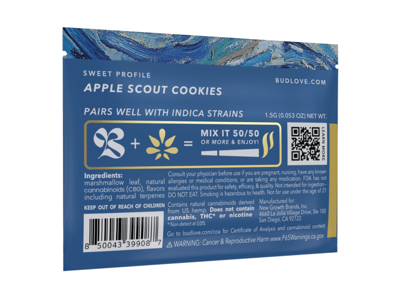 Bud Love Makes Bud Better! 1.5g resealable pouch. Apple Scout Cookies flavor – pairs well with indica strains. Try some Premium Herbal+ Mixer today and become a Bud Lover!