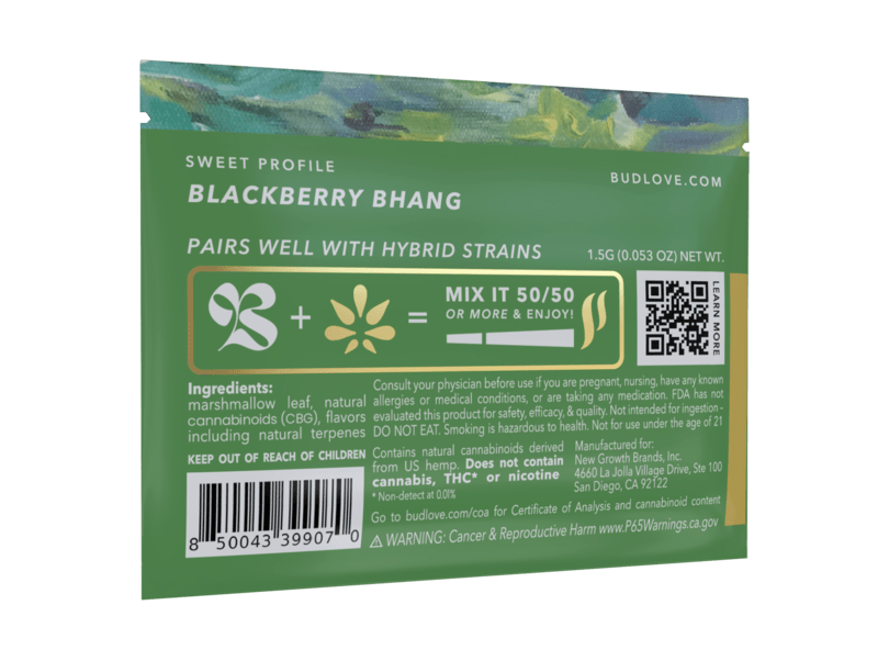 Bud Love Makes Bud Better! 1.5g resealable pouch. Blackberry Bhang flavor – pairs well with hybrid strains. Try some Premium Herbal+ Mixer today and become a Bud Lover!