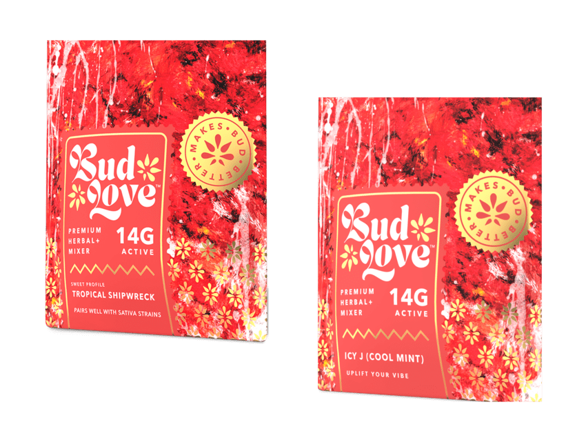 Bud Love Makes Bud Better! 2x 14g double-seal pouch. Tropical Shipwreck & Icy J (Cool Mint) – pair well with sativa strains. Try some Premium Herbal+ Mixer today and become a Bud Lover!