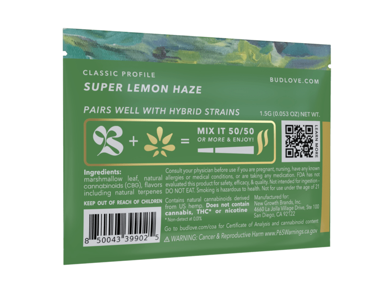 Bud Love Makes Bud Better! 1.5g resealable pouch. Blackberry Bhang flavor – pairs well with hybrid strains. Try some Premium Herbal+ Mixer today and become a Bud Lover!