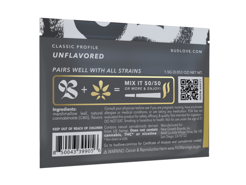 Bud Love Makes Bud Better! 1.5g resealable pouch. Unflavored– pairs well with all strains. Try some Premium Herbal+ Mixer today and become a Bud Lover!
