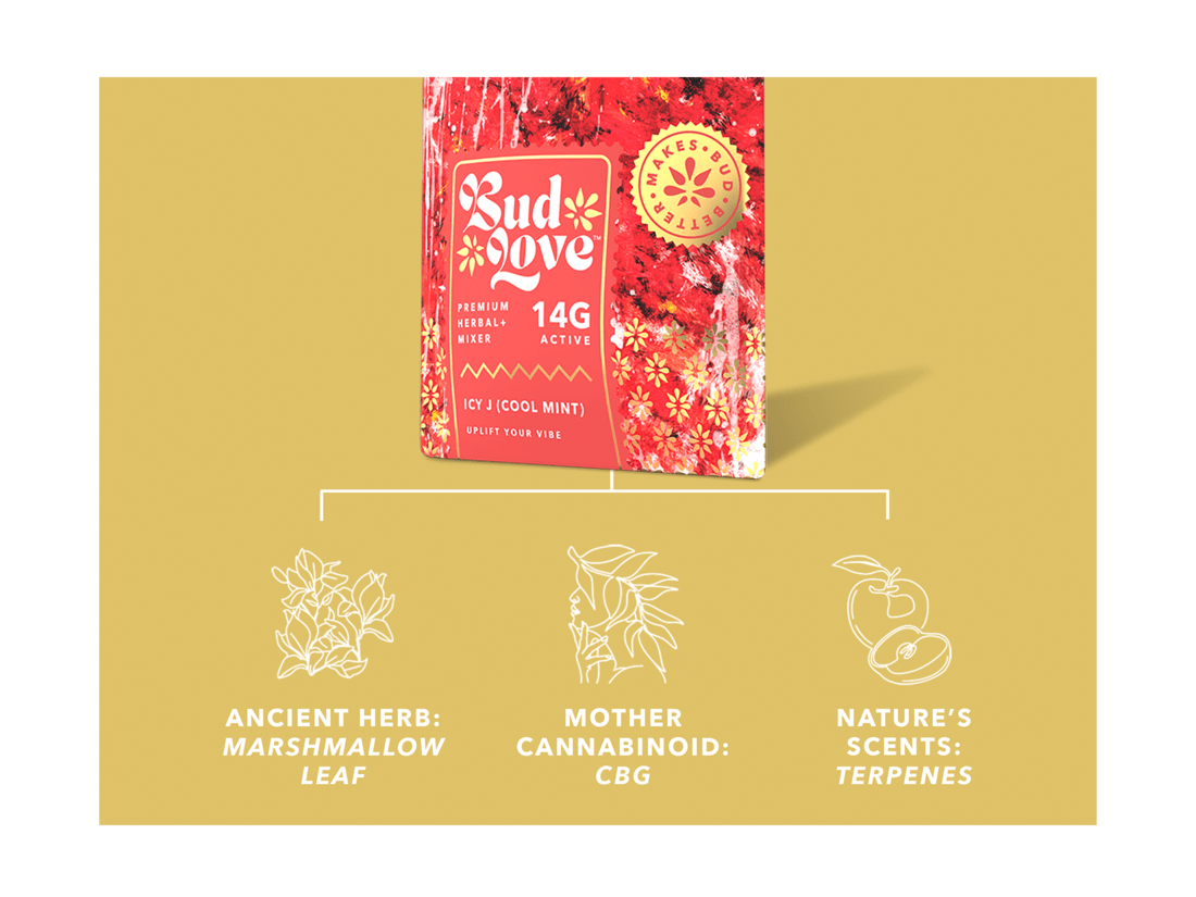 Bud Love Makes Bud Better! 14g resealable pouch. Seasonal flavor – pairs well with all strains. Try some Premium Herbal+ Mixer today and become a Bud Lover!