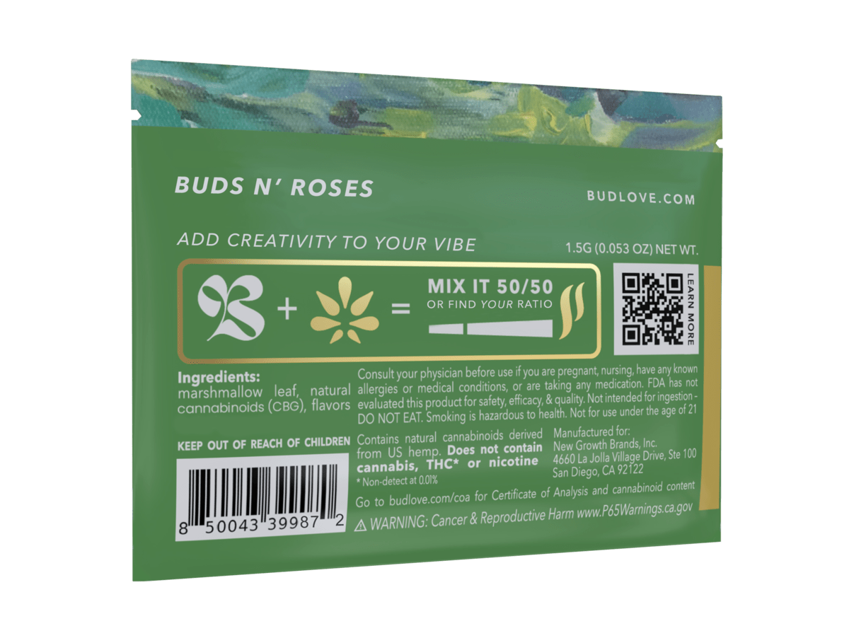 Bud Love Makes Bud Better! 1.5g resealable pouch. Buds N' Roses (rose) flavor – pairs well with all strains. Try some Premium Herbal+ Mixer today and become a Bud Lover!