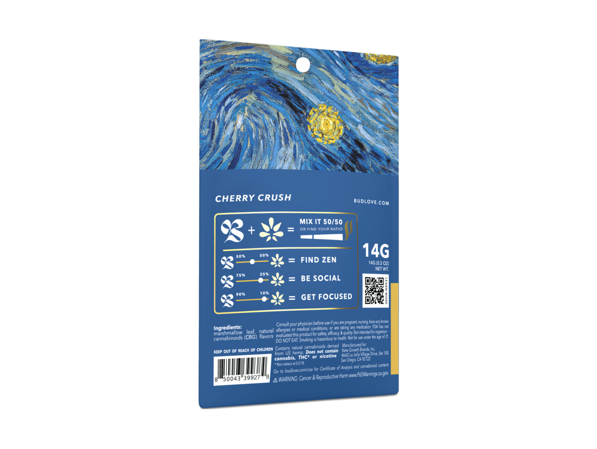 Bud Love Makes Bud Better! 14g resealable pouch. Cherry Crush flavor – chill your vibe. Try some Premium Herbal+ Mixer today and become a Bud Lover!