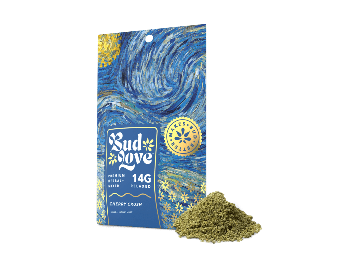 Bud Love Makes Bud Better! 14g resealable pouch. Cherry Crush flavor – chill your vibe. Try some Premium Herbal+ Mixer today and become a Bud Lover!
