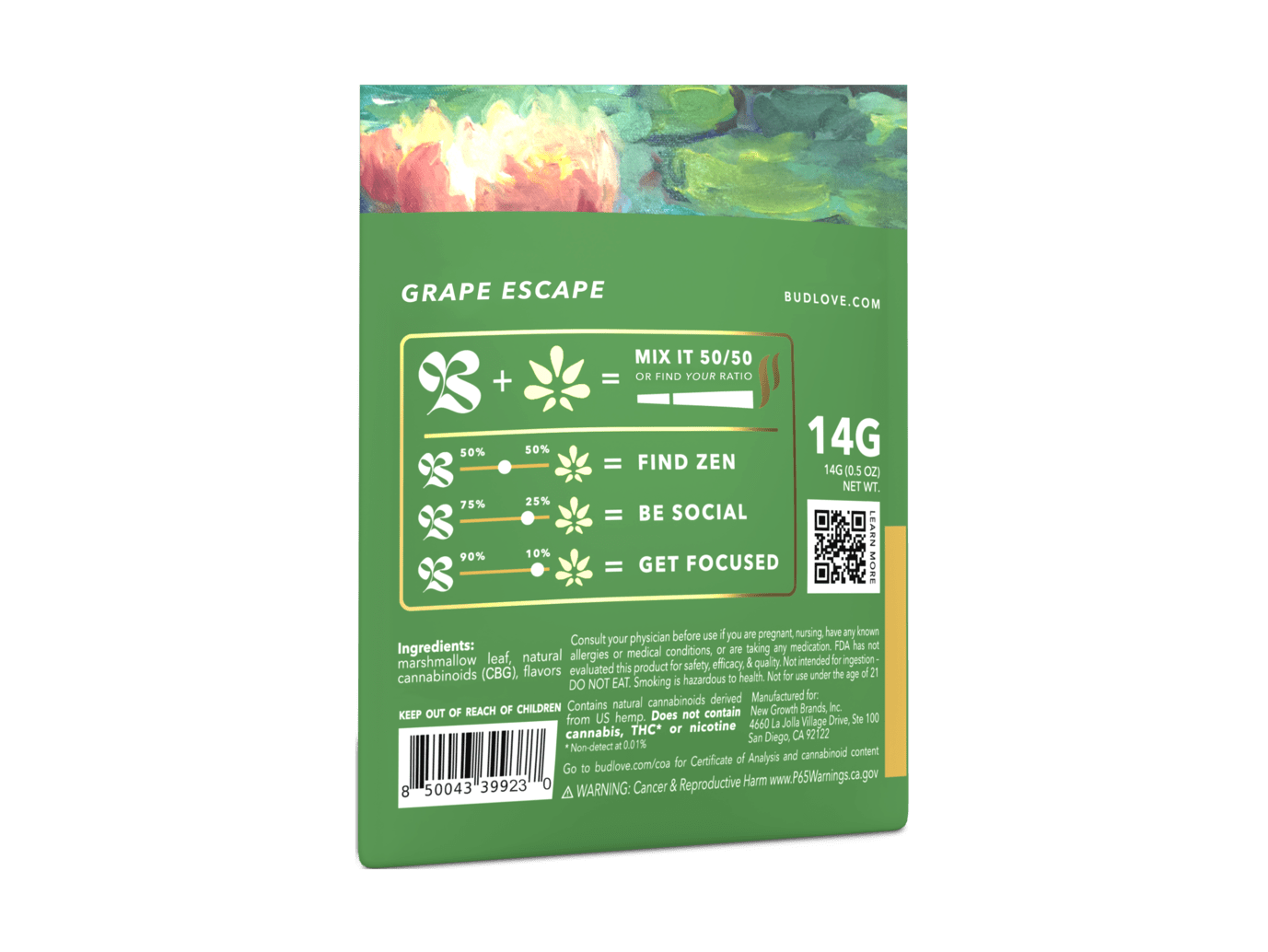 Bud Love Makes Bud Better! 14g resealable pouch. Grape Escape flavor – pairs well with hybrid strains. Try some Premium Herbal+ Mixer today and become a Bud Lover!