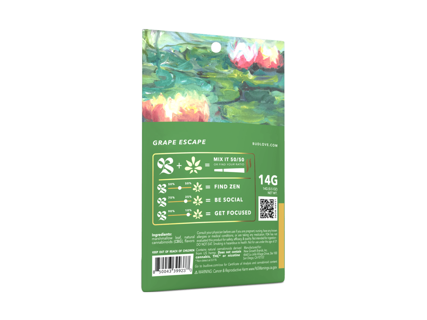 Bud Love Makes Bud Better! 14g resealable pouch. Grape Escape flavor – pairs well with hybrid strains. Try some Premium Herbal+ Mixer today and become a Bud Lover!