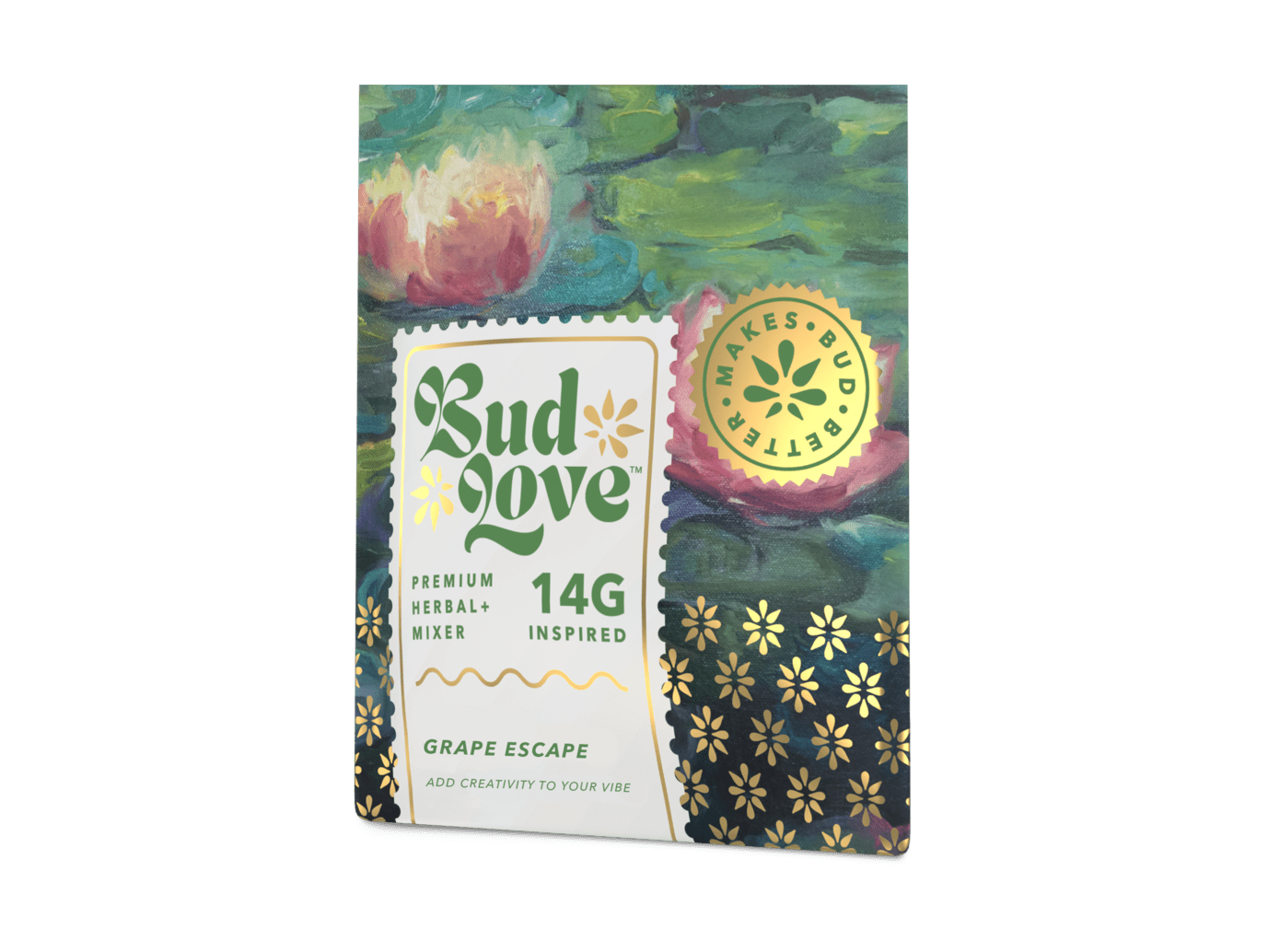Bud Love Makes Bud Better! 14g resealable pouch. Grape Escape flavor – pairs well with hybrid strains. Try some Premium Herbal+ Mixer today and become a Bud Lover!