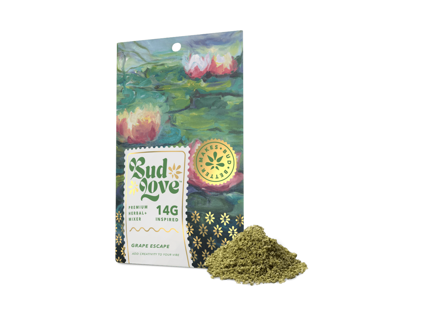 Bud Love Makes Bud Better! 14g resealable pouch. Grape Escape flavor – pairs well with hybrid strains. Try some Premium Herbal+ Mixer today and become a Bud Lover!