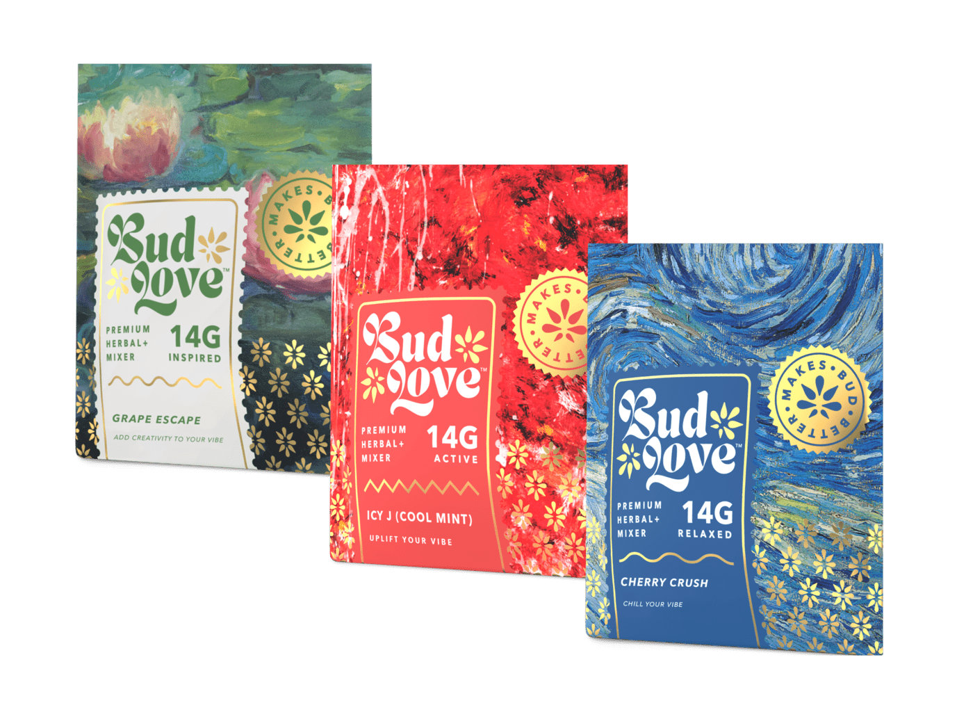 Bud Love Makes Bud Better! 3x 14g double-seal airtight pouch. Best-selling scents. Try some today and become a Bud Lover!